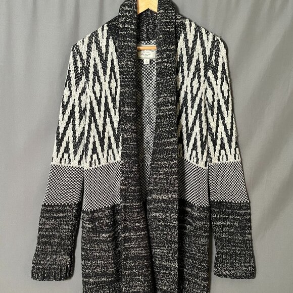 Lucky Brand L Grey Black Multi Pattern Wool Knit Plush Open Cardigan Sweater - Picture 1 of 7